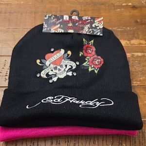 Ed Hardy Kids Skull and Roses Beanie Set - Black and Pink
